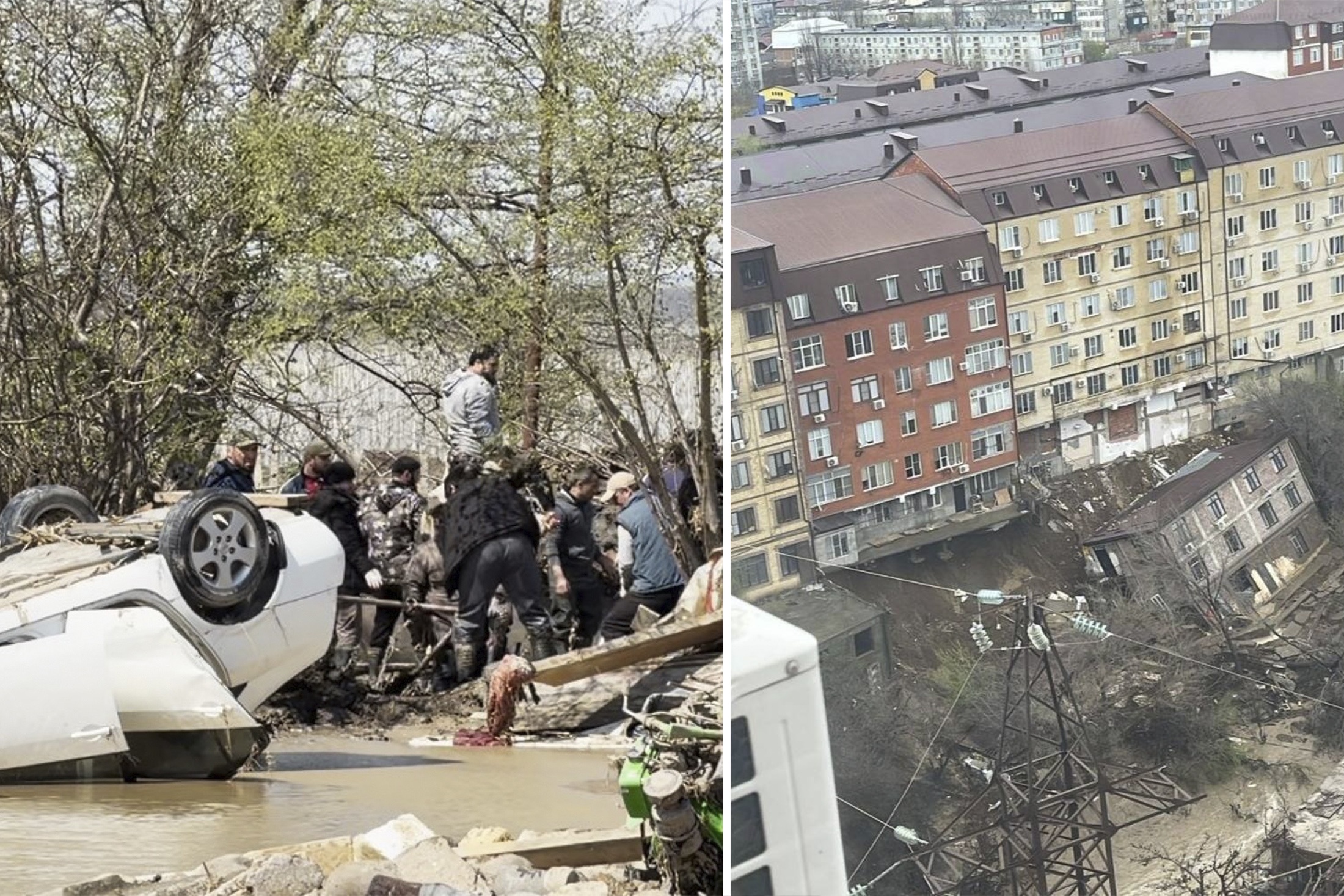 Мощные потоки воды переворачивали автомобили, а в Махачкале наводнением подмыло несколько многоквартирных домов.