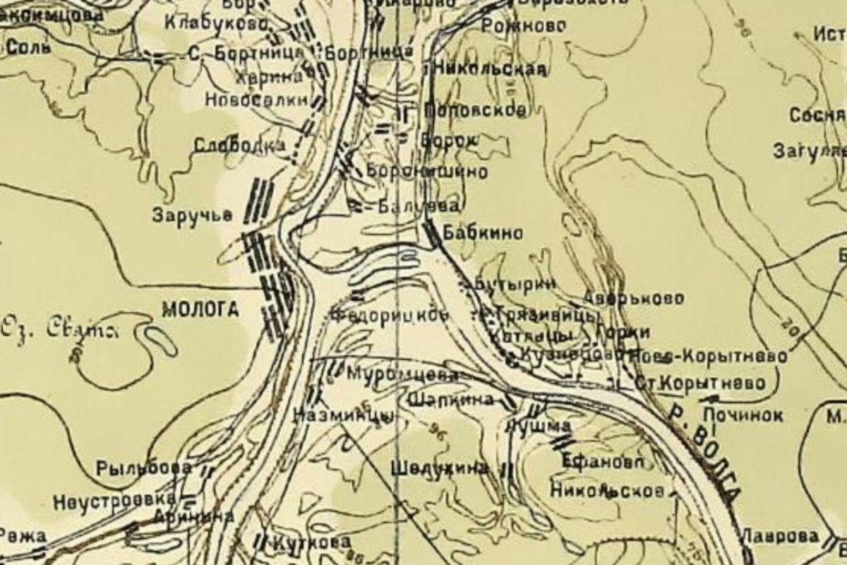 На карте 1935 года город Молога и десятки сел и деревень еще на своем месте. Вскоре здесь появится рукотворное море. На карте 1935 года город Молога и десятки сел и деревень еще на своем месте. Вскоре здесь появится рукотворное море.