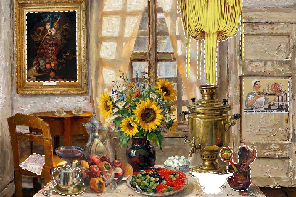 На выставке можно будет увидеть картины, предметы быта и интерьера, а так же современные инсталляции на тему застолья.