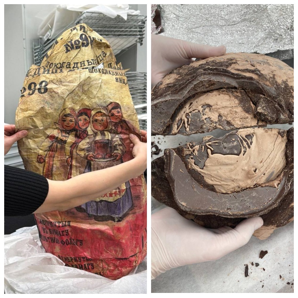 Метровое шоколадное яйцо из 1914 года во время реставрации.