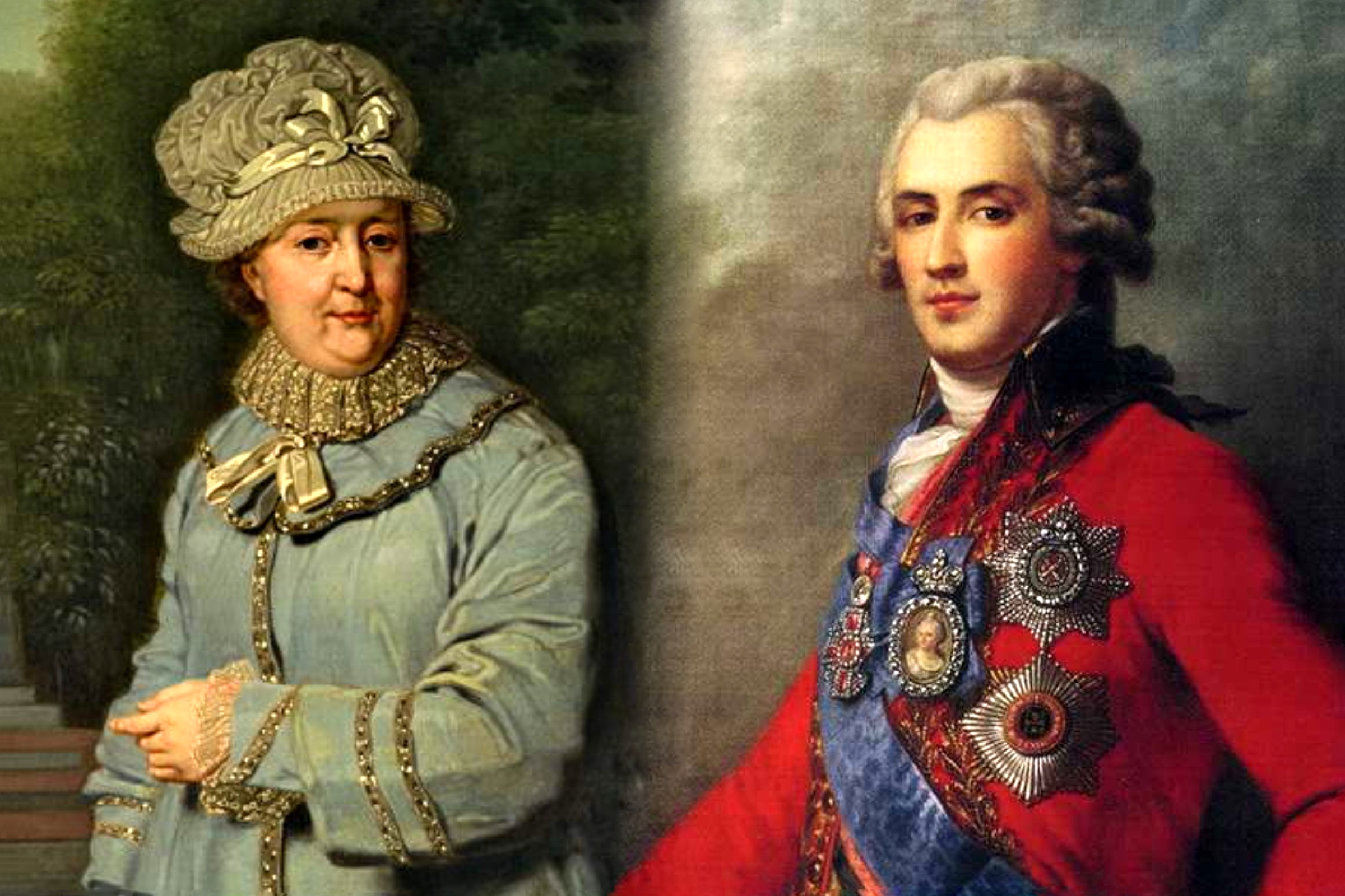 Екатерина Великая и Платон Зубов. Фрагменты портретов.