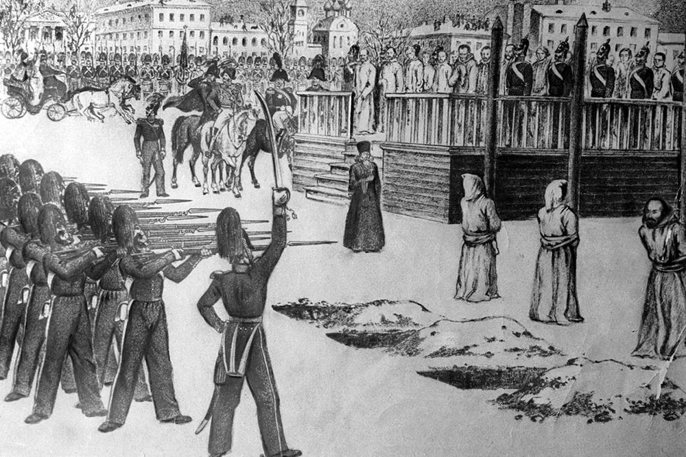 "Обряд казни на Семёновском плацу". Рисунок Б. Покровского, 1849 г.