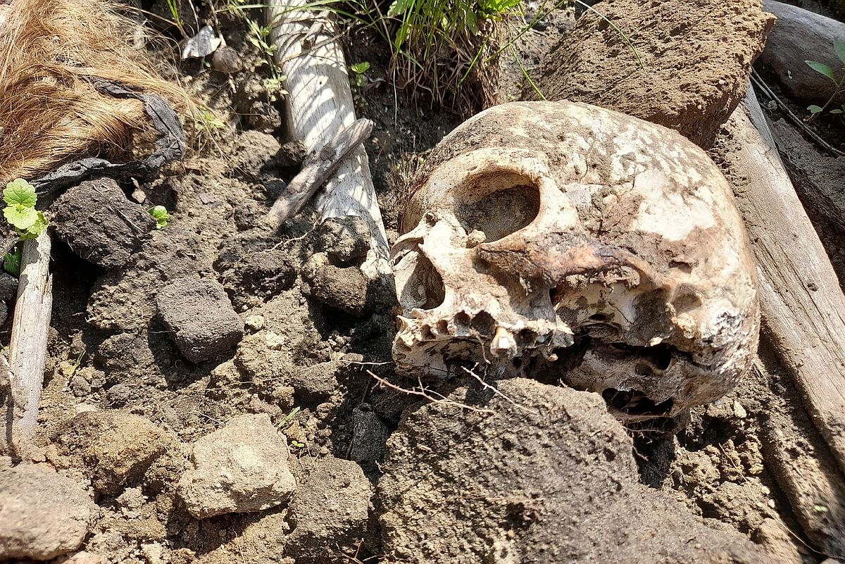 Берег сплошь усеян человеческими останками, на волнах прибоя катаются черепа, белеют берцовые кости, торчат наружу ребра.
