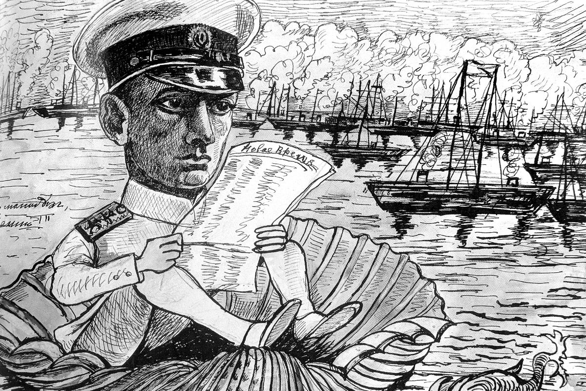 Неизвестный художник. Карикатура на А.В. Колчака. "Из молодых да ранних". Начало ХХ века.
