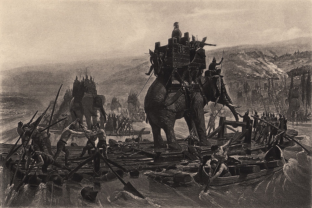 Боевые слоны Ганнибала на переправе через Рону. Картина Анри Мотта, 1878 год. Боевые слоны Ганнибала на переправе через Рону. Картина Анри Мотта, 1878 год.