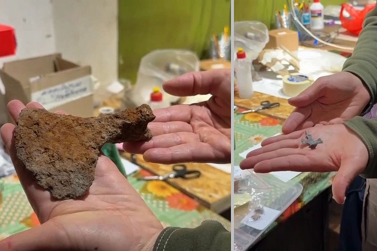 Артефакты из погребения в Старой Ладоге. Крест - на фото справа.