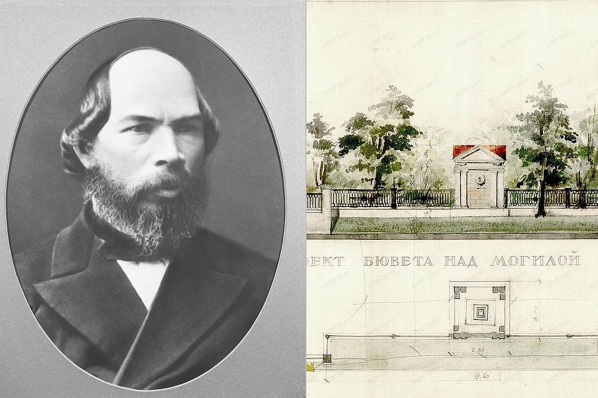 Портрет Ильи Николаевича Ульянова (1883 год) и фрагмент проекта мини-мавзолея на его могиле (1954 год).