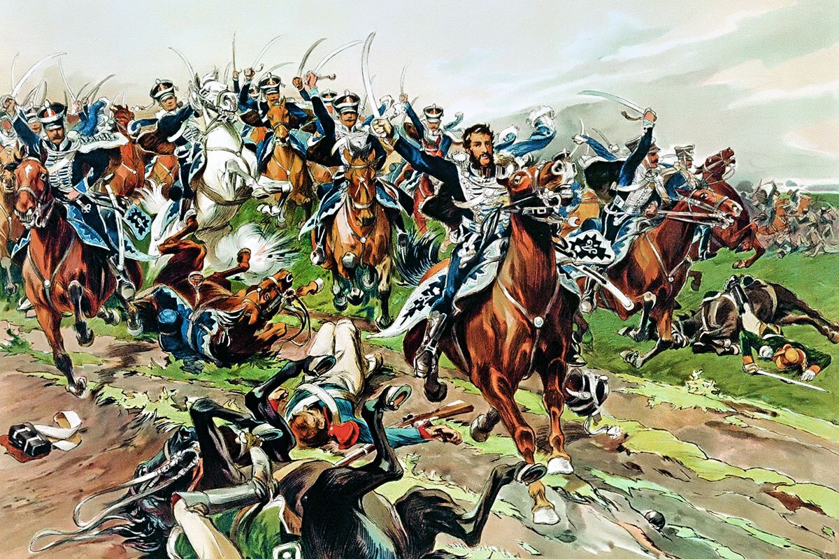 Н. Самокиш. Атака гусар Кульнева у Клястиц 20 июля 1812 года. 1900-е годы.