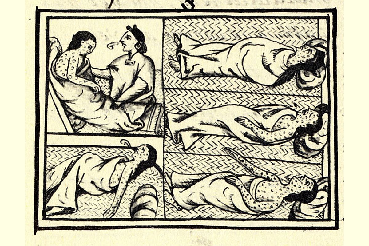 Рисунок, сопровождающий текст в Книге XII Флорентийского кодекса XVI века (составлен в 1555-1576 годах), изображающий нахуа из центральной Мексики (группа индейских народов, говоривших на языке науатль) эпохи завоевания с оспой. Рисунок, сопровождающий текст в Книге XII Флорентийского кодекса XVI века (составлен в 1555-1576 годах), изображающий нахуа из центральной Мексики (группа индейских народов, говоривших на языке науатль) эпохи завоевания с оспой.