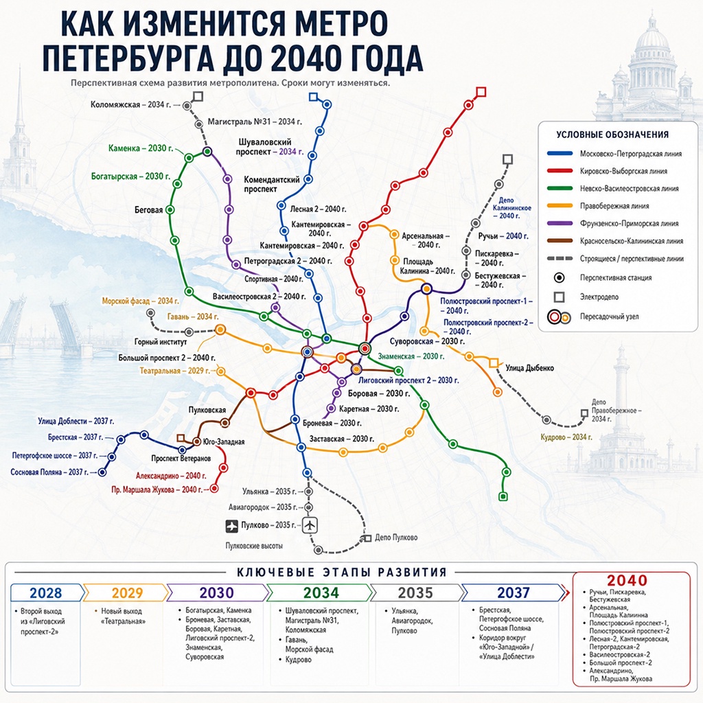 Инфографика о новых станциях метро Петербурга по годам ввода до 2040 года.