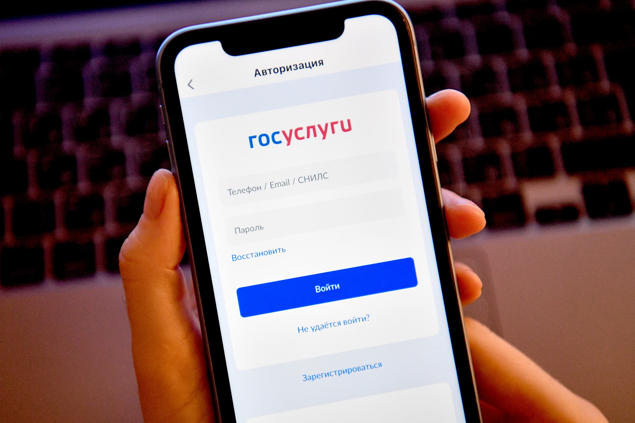 Окно авторизации в мобильном приложении портала "Госуслуги".