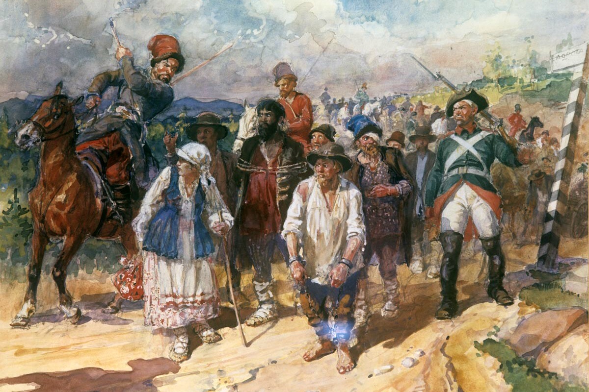 Г. Савицкий. Пригон крепостных рабочих на уральские заводы
