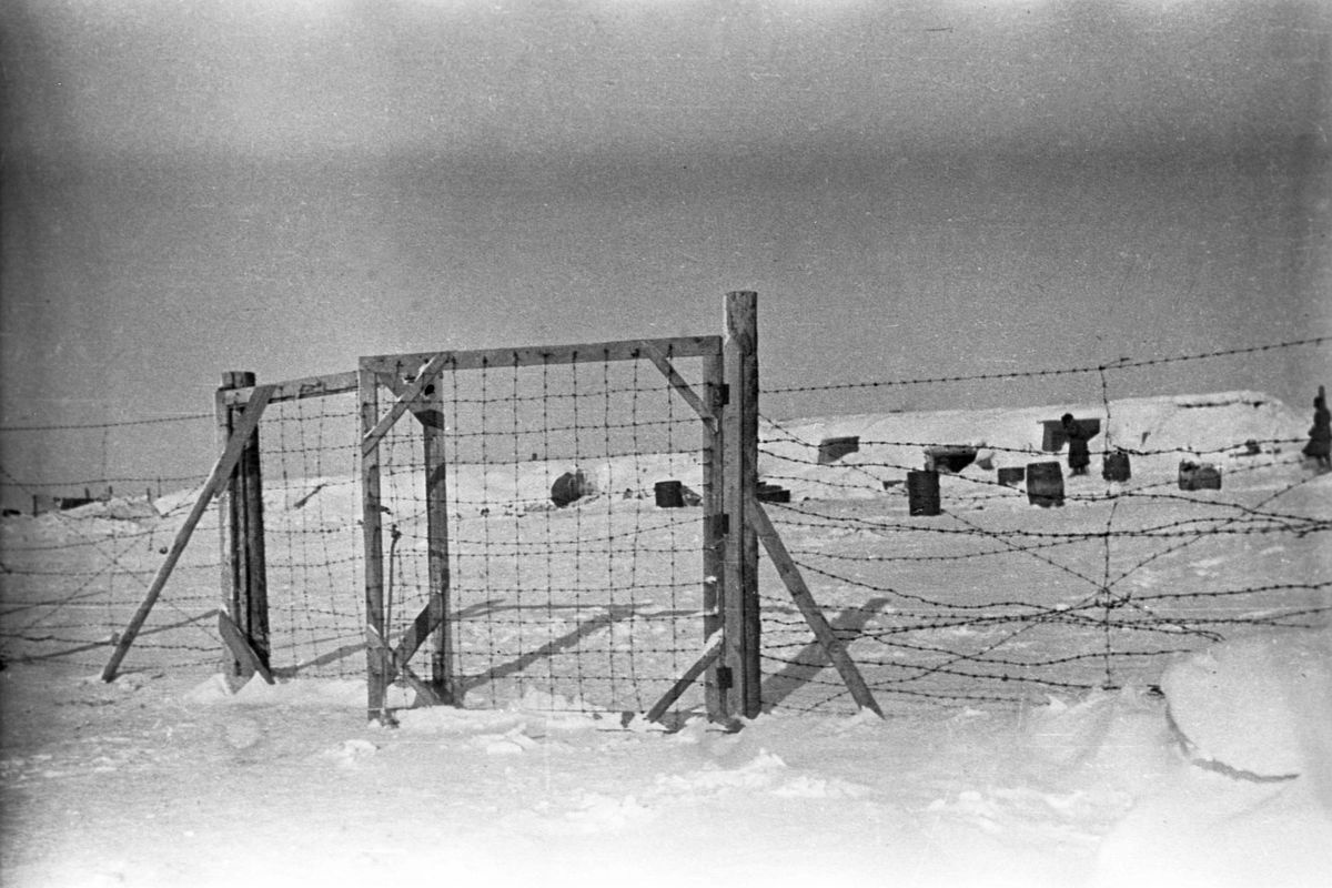 Когда территорию освободили советские войска, им представилась жуткая картина. На фото: ворота  "Дулага-205" в селе Алексеевка под Сталинградом. 10 февраля 1943 года.