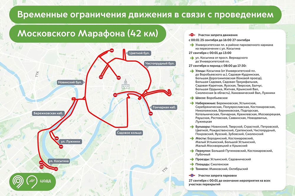 Карта временных ограничений движения в столице в связи с проведением Московского марафона Карта временных ограничений движения в столице в связи с проведением Московского марафона