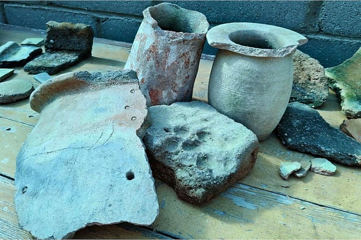 Интересные находки сезона: след лапы собаки на кирпиче (на фото в центре) и рисунок ребенка на осколке сосуда (на фото слева). Интересные находки сезона: след лапы собаки на кирпиче (на фото в центре) и рисунок ребенка на осколке сосуда (на фото слева).