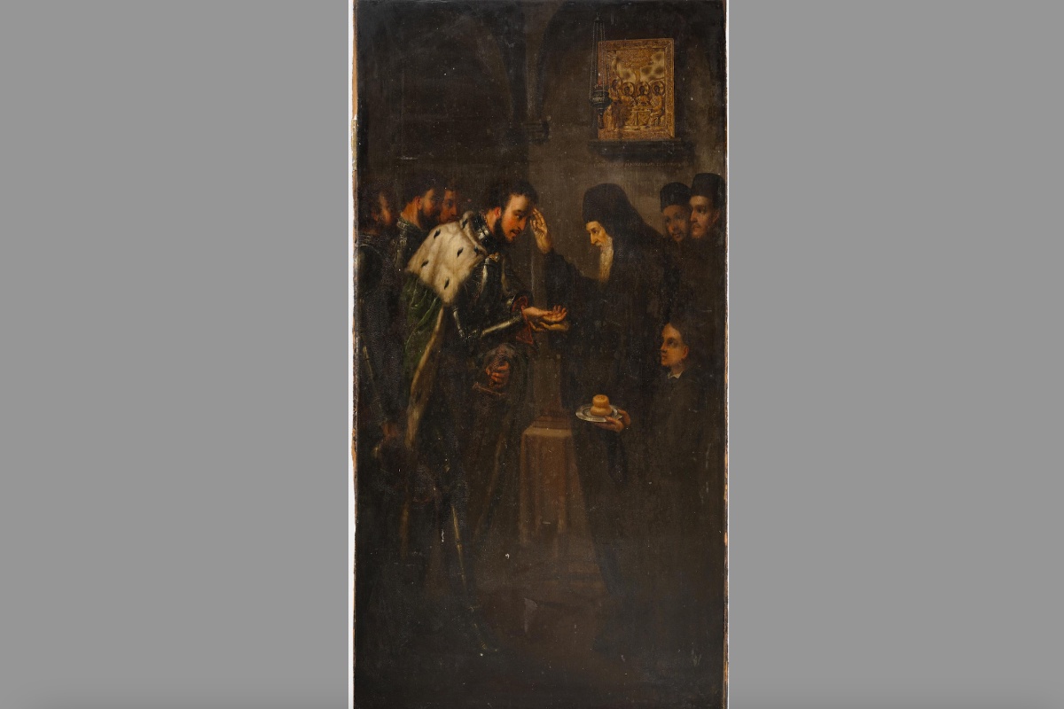 Икона "Преподобный Сергий Радонежский благословляет великого князя Дмитрия Донского на Куликовскую битву".