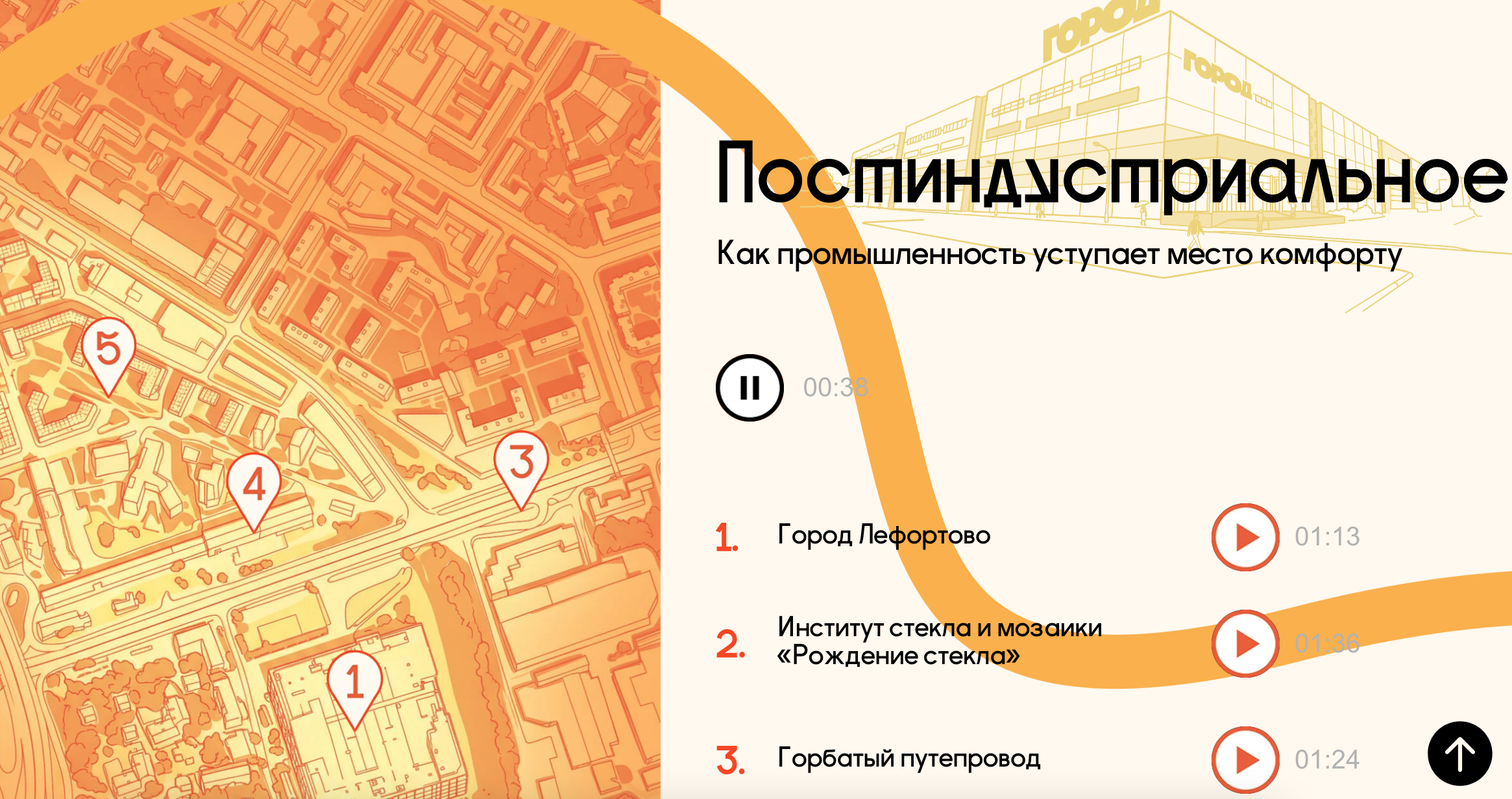 Аудиогид состоит из пяти тематических маршрутов по Лефортову. Аудиогид состоит из пяти тематических маршрутов по Лефортову.