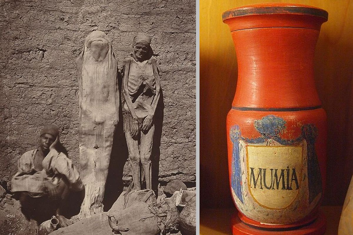 Исследование показало, что экстракт Mumia vera aegyptiaca умеренно защищал клетки от вируса гриппа. На фото: баночка для экстракта и уличный торговец мумиями в Египте в 1870-х. Исследование показало, что экстракт Mumia vera aegyptiaca умеренно защищал клетки от вируса гриппа. На фото: баночка для экстракта и уличный торговец мумиями в Египте в 1870-х.