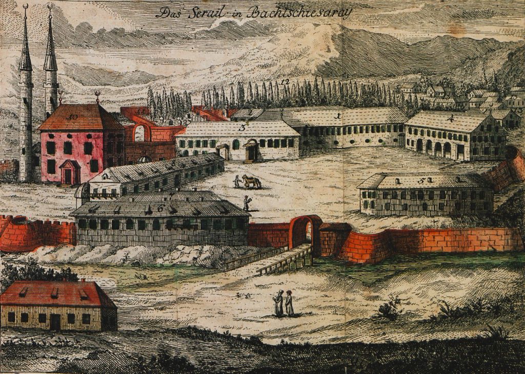 Николас Эрнст Клеман . Ханский дворец в Бахчисарае. XVIII в. Из книги "Путешествие из Вены в Белград и Новую Килию, а также в землю буджакских и ногайских татар и по Крыму с возвращением через Каффу, Константинополь, Смирну и Триест в Австрию", Прага, 1771 г.
