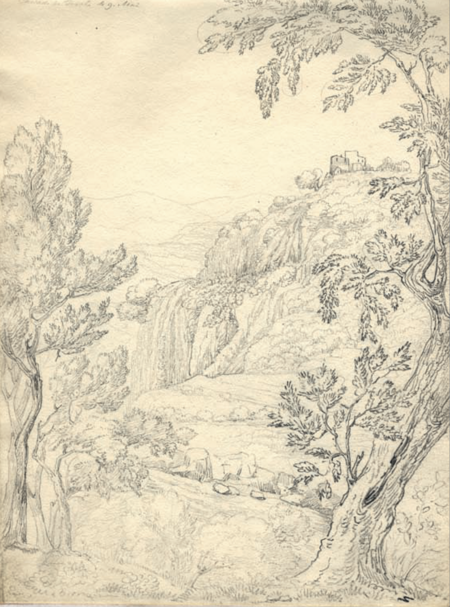 Н. М. Бенкендорф. Водопады в Тиволи. 9 мая 1820 г. Карандаш, перо.