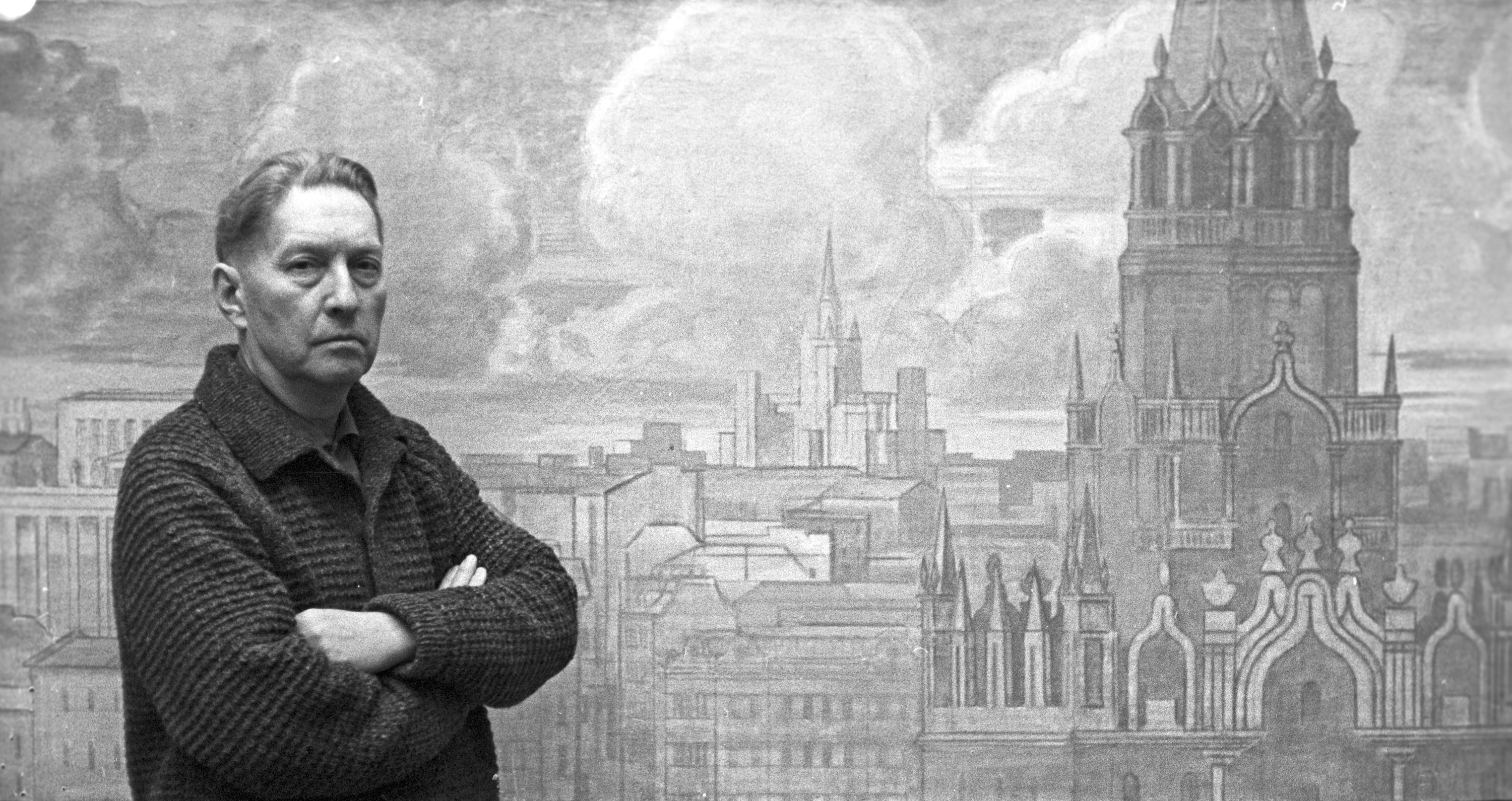 Художник Георгий Иосифович Рублев на фоне созданной им картины "Москва". 1969 год. 