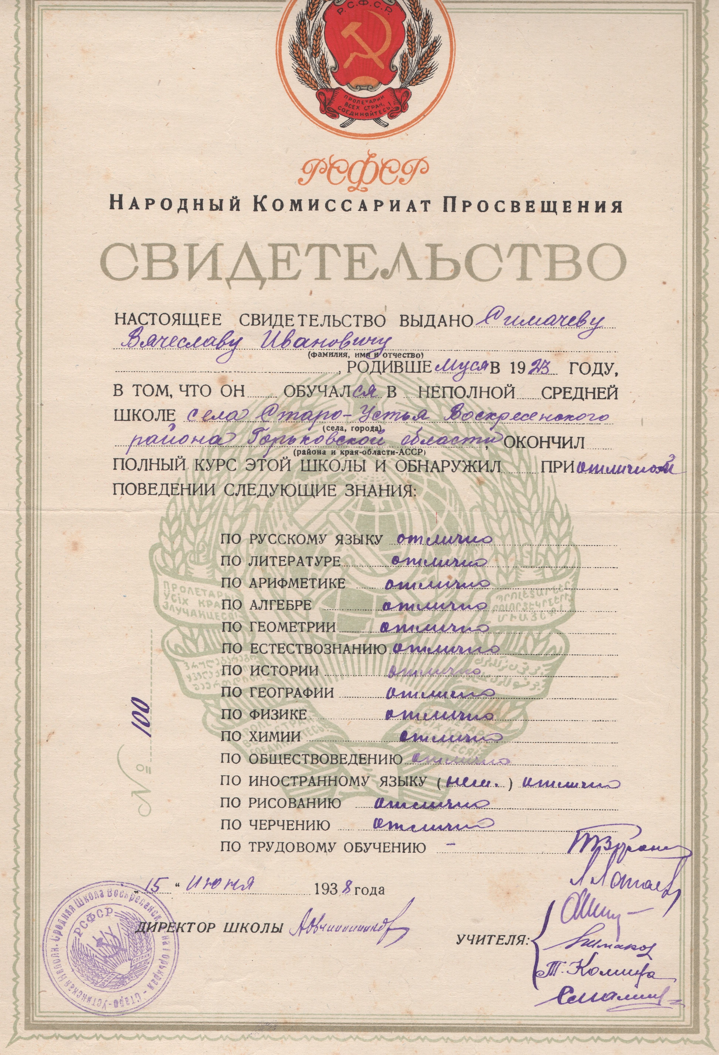 Школьный аттестат.