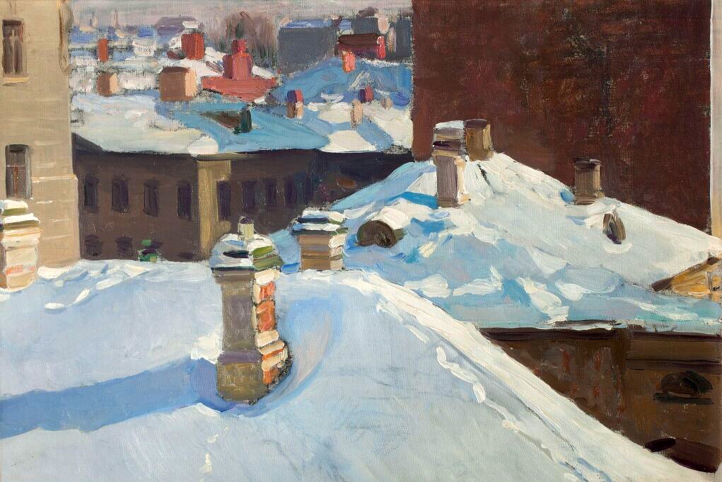 А. Васнецов. Зимний городской пейзаж. Вид из окна. Крыши. Фурманный переулок. 1925